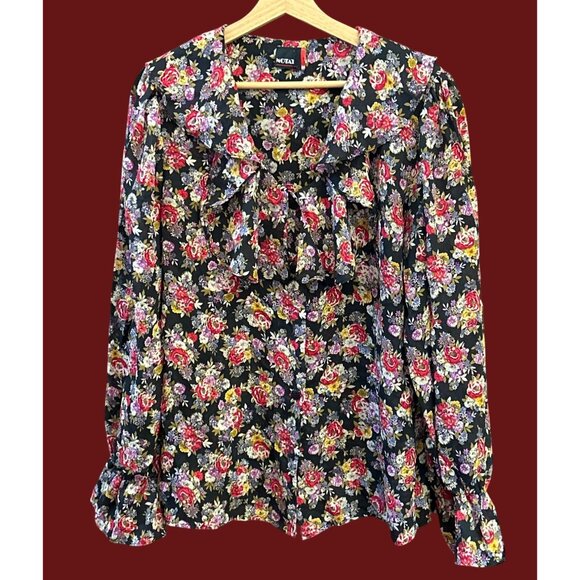 Vintage Notations Floral Ruffle Neck Blouse Black Cottagecore Romantic Boho 90s - Picture 1 of 6